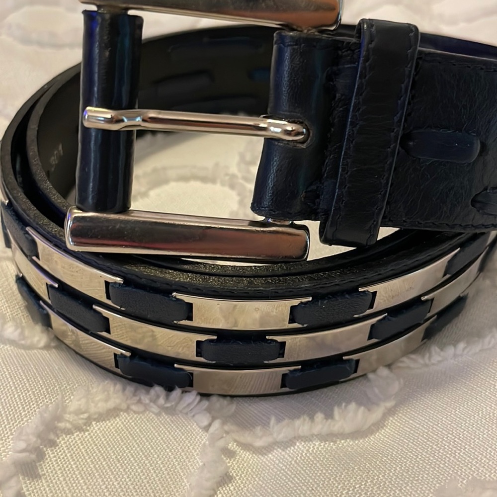 Vintage Escada navy leather and metal belt, Sz 38